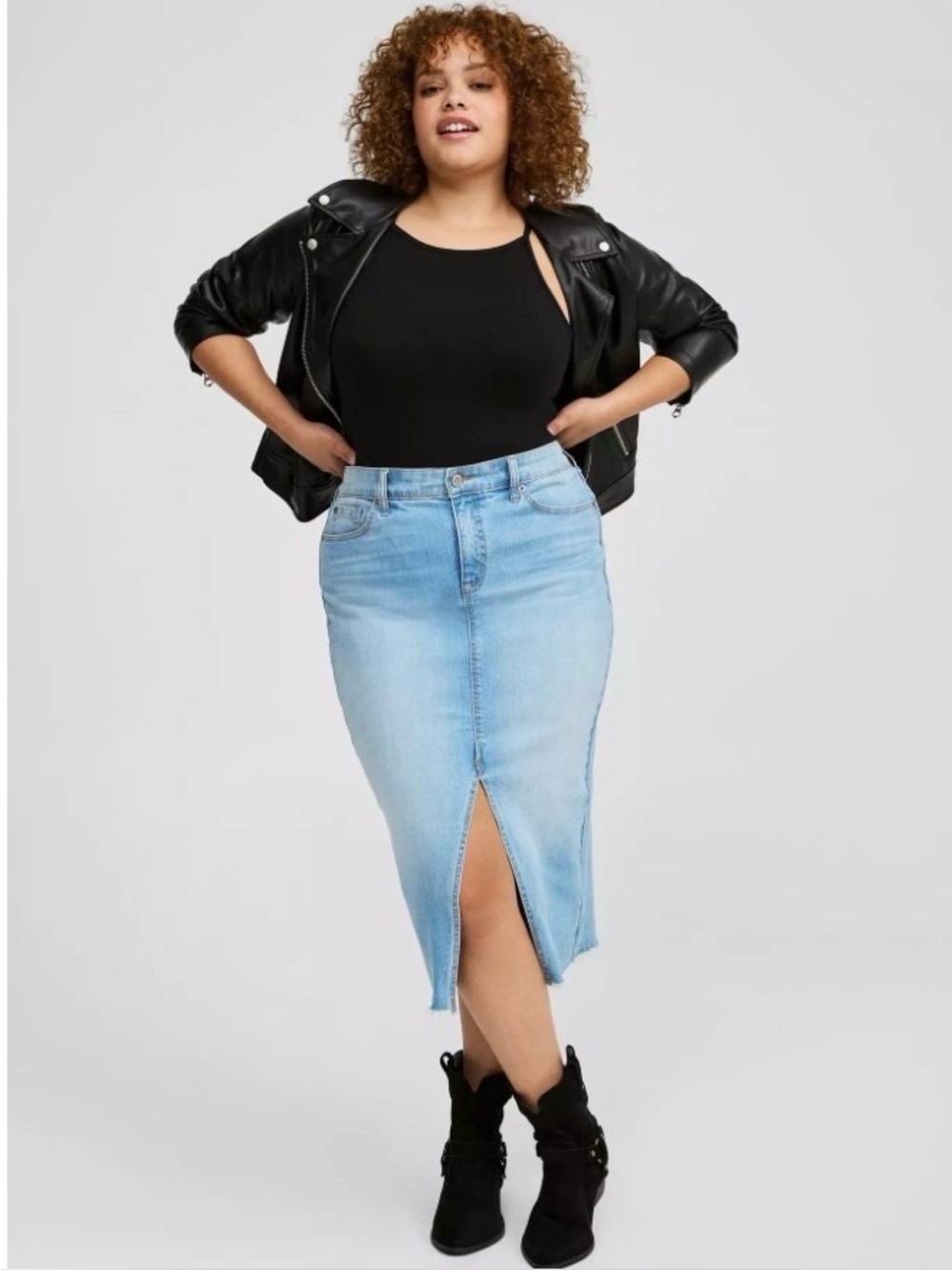 Torrid Light Wash Denim Midi Skirt with Front Slit size 16
